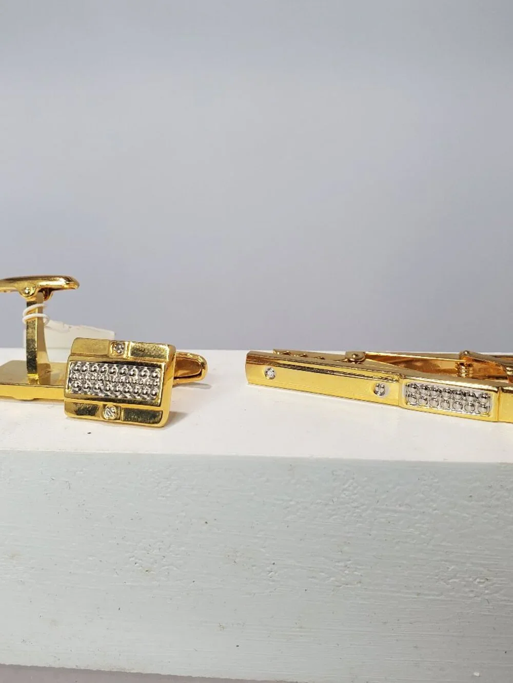Elegant Gold & Silver Tone Textured 3-Piece Cuff Link and Tie Clip Set